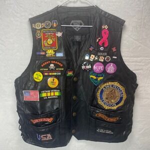 Diamond Plate 3X Biker Vest Vietnam Veteran U.S. Marines Patches Buffalo Leather
